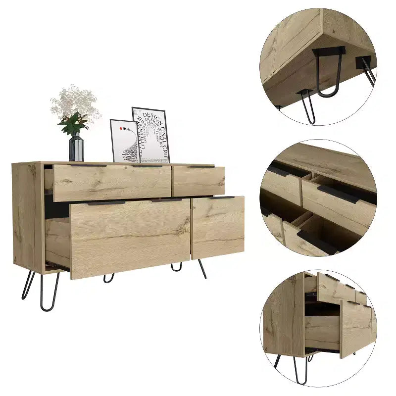 Commode 3/4 tiroirs Rangement compact pour vêtements, pieds en acier robustes et surface supérieure durable, pour salon/chambre/bureau, chêne clair