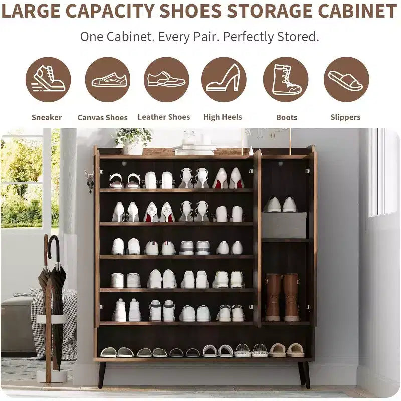 Grand meuble à chaussures avec 3 portes, 6 étagères réglables, organisateur de chaussures autoportant pour entrée avec crochets, marron