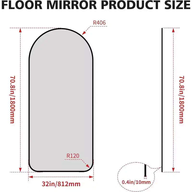 Miroir sur pied arqué de 71x32 po, cadre en aluminium noir, grand miroir pour salon, chambre, entrée