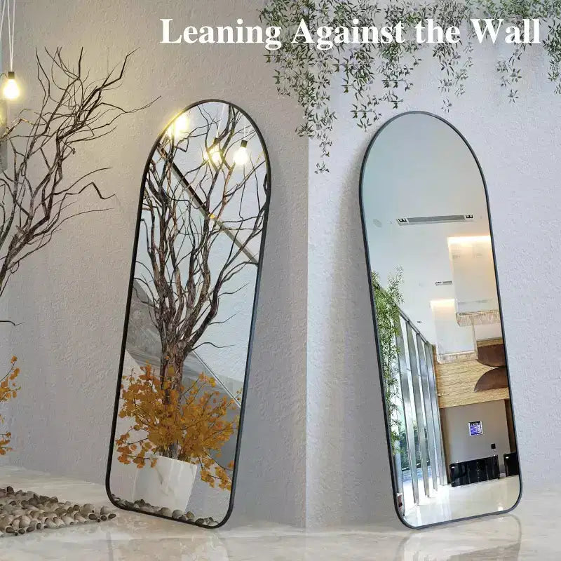 Miroir sur pied arqué de 71x32 po, cadre en aluminium noir, grand miroir pour salon, chambre, entrée
