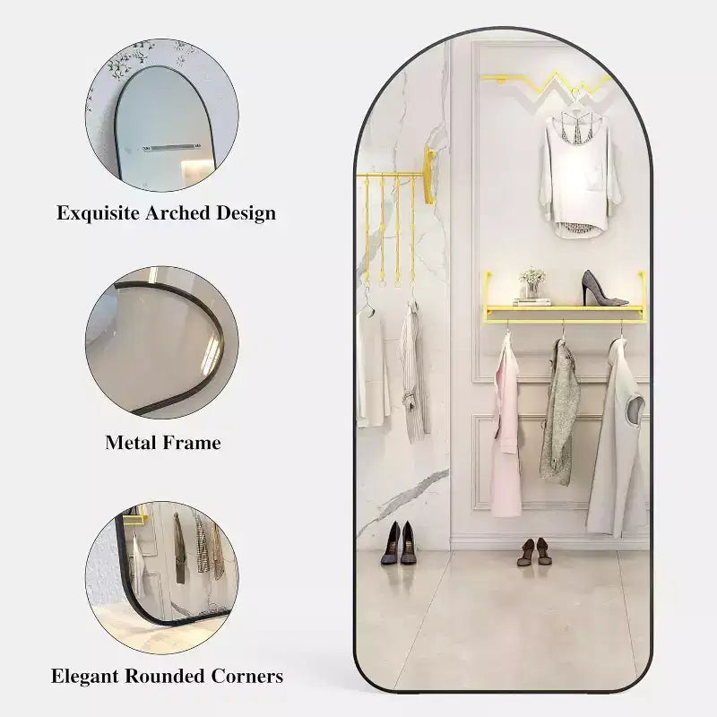 Miroir sur pied arqué de 71x32 po, cadre en aluminium noir, grand miroir pour salon, chambre, entrée