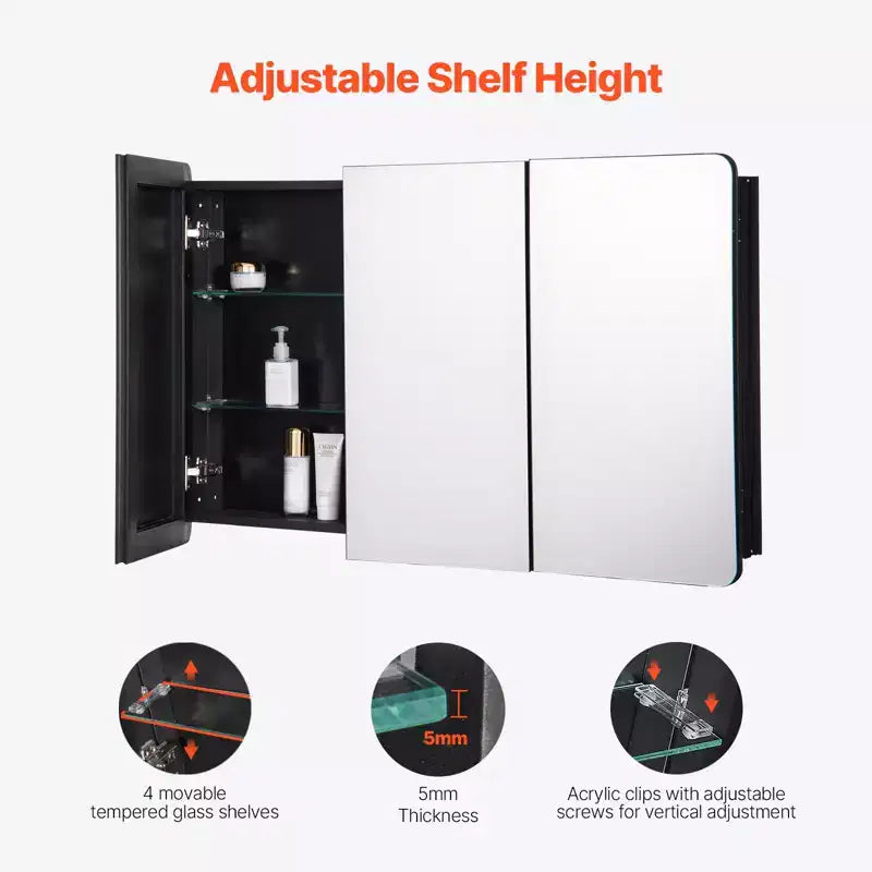Armoire à pharmacie, 25,5 x 40 pouces, Armoire à pharmacie pour salle de bain avec miroir, Cadre en aluminium, Étagères réglables à 4 niveaux, Noir