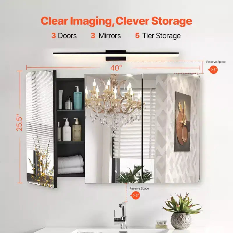 Armoire à pharmacie, 25,5 x 40 pouces, Armoire à pharmacie pour salle de bain avec miroir, Cadre en aluminium, Étagères réglables à 4 niveaux, Noir