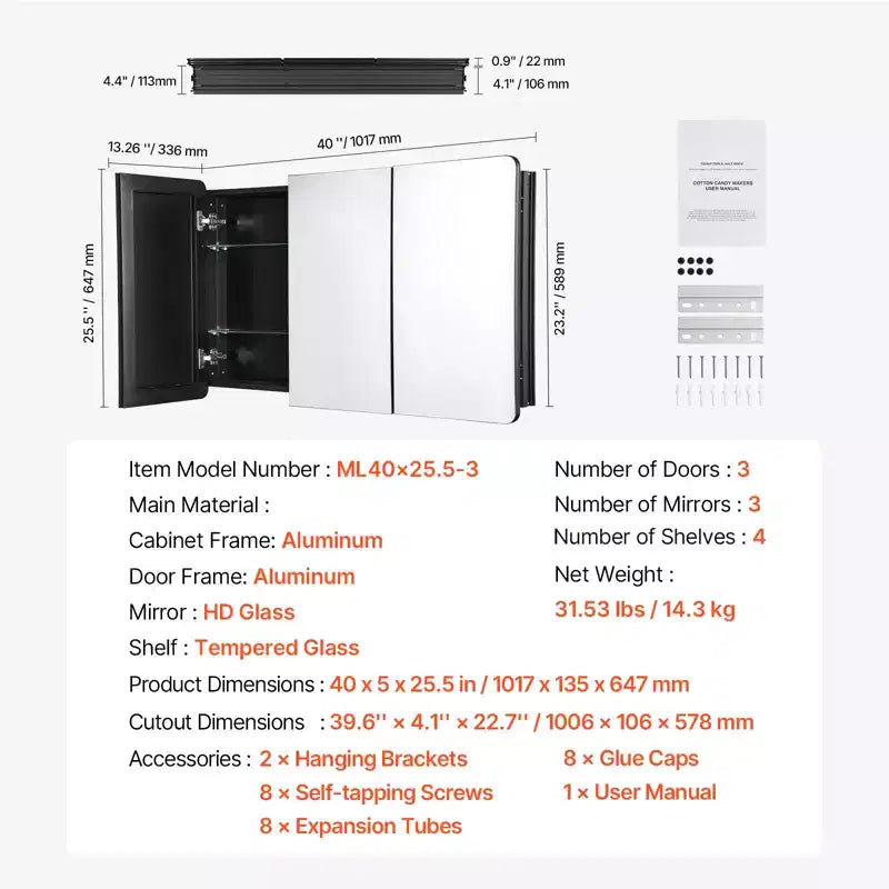 Armoire à pharmacie, 25,5 x 40 pouces, Armoire à pharmacie pour salle de bain avec miroir, Cadre en aluminium, Étagères réglables à 4 niveaux, Noir