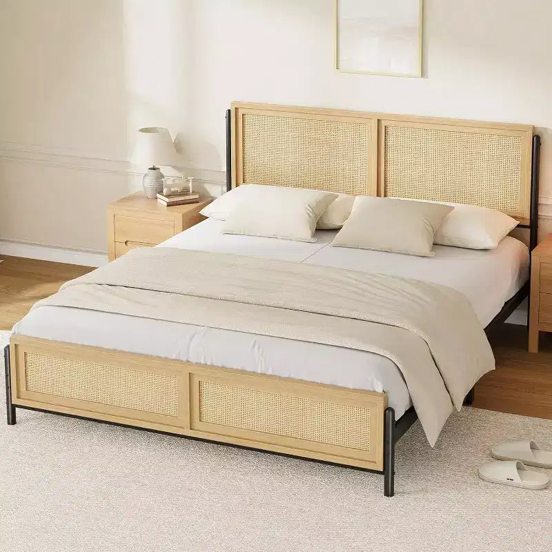 Cadre de lit en rotin - Boho Lit Double avec Rangement