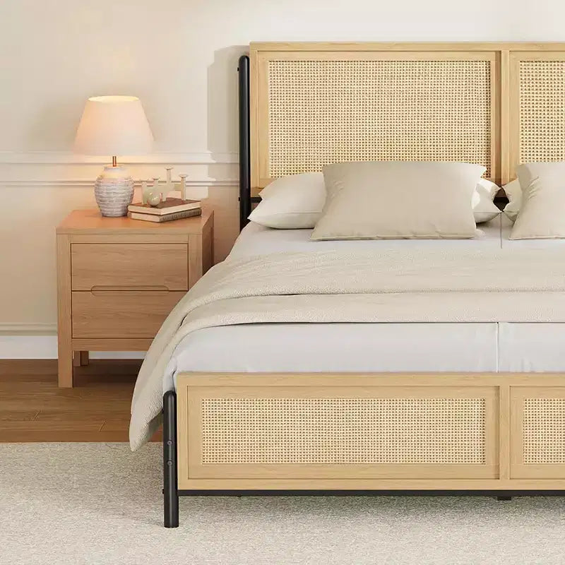 Cadre de lit en rotin - Boho Lit Double avec Rangement