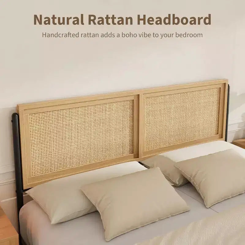 Cadre de lit en rotin - Boho Lit Double avec Rangement