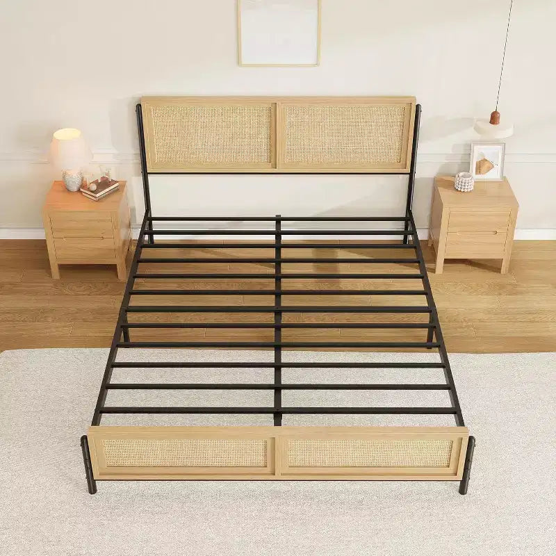 Cadre de lit en rotin - Boho Lit Double avec Rangement