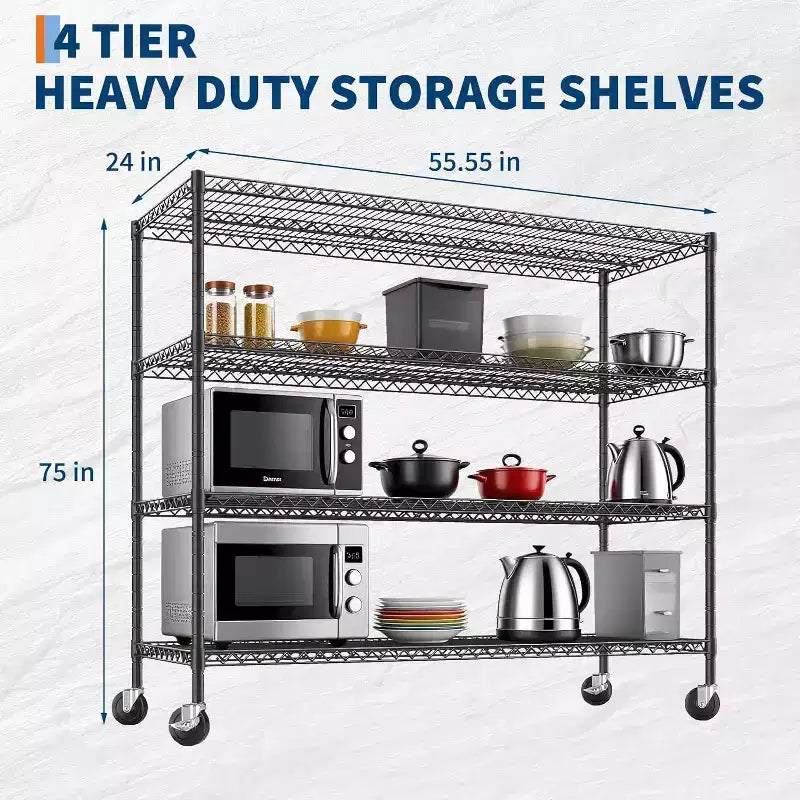 Étagère métallique à 4 niveaux robuste avec roulettes verrouillables, étagères réglables pour cuisine, garage, cellier, capacité de 1134 kg