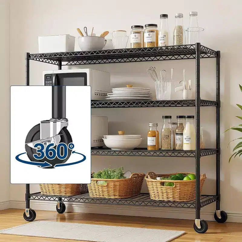 Étagère métallique à 4 niveaux robuste avec roulettes verrouillables, étagères réglables pour cuisine, garage, cellier, capacité de 1134 kg