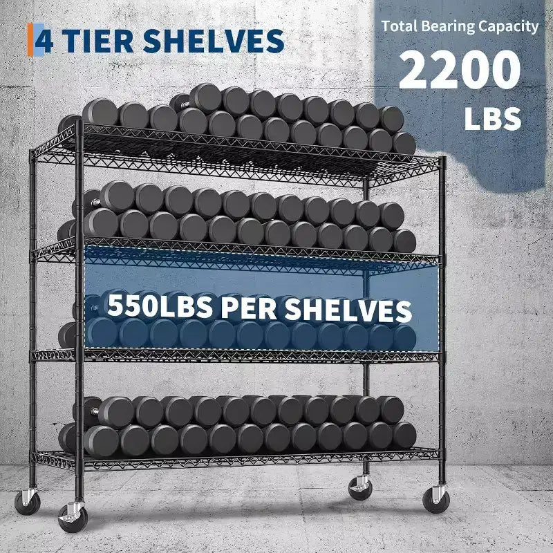 Étagère métallique à 4 niveaux robuste avec roulettes verrouillables, étagères réglables pour cuisine, garage, cellier, capacité de 1134 kg