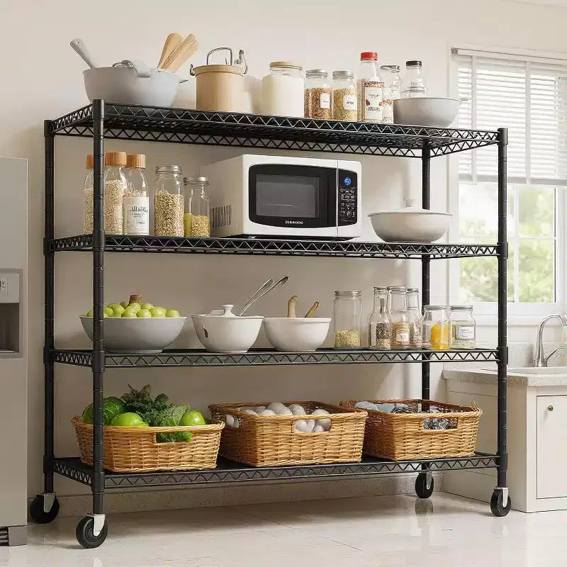 Étagère métallique à 4 niveaux robuste avec roulettes verrouillables, étagères réglables pour cuisine, garage, cellier, capacité de 1134 kg
