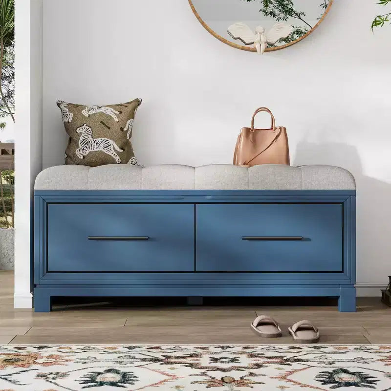 Banc à chaussures avec coussin amovible, banc d'entrée avec rangement caché pour le salon, l'entrée et les couloirs, bleu marine