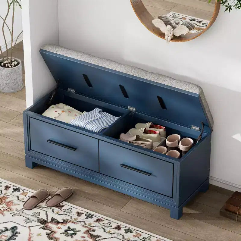 Banc à chaussures avec coussin amovible, banc d'entrée avec rangement caché pour le salon, l'entrée et les couloirs, bleu marine