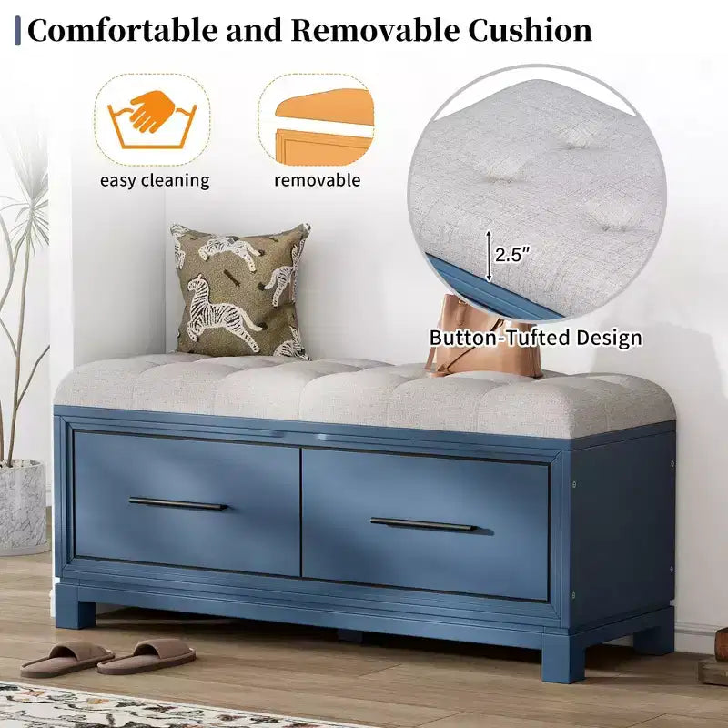 Banc à chaussures avec coussin amovible, banc d'entrée avec rangement caché pour le salon, l'entrée et les couloirs, bleu marine