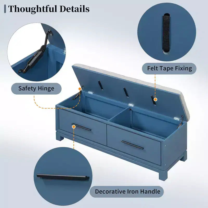 Banc à chaussures avec coussin amovible, banc d'entrée avec rangement caché pour le salon, l'entrée et les couloirs, bleu marine