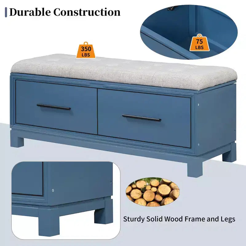 Banc à chaussures avec coussin amovible, banc d'entrée avec rangement caché pour le salon, l'entrée et les couloirs, bleu marine