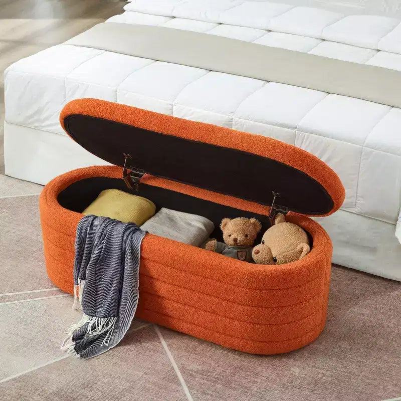 Banc pouf de rangement moderne, banc de lit rembourré avec rangement, tabouret de lit avec charnière de sécurité pour chambre, orange