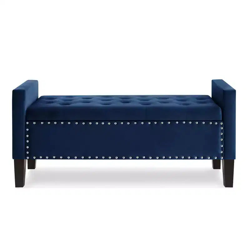 Banc de rangement capitonné avec garniture cloutée, Siège rembourré moelleux avec accoudoirs pour entrée ou salon, Bleu marine