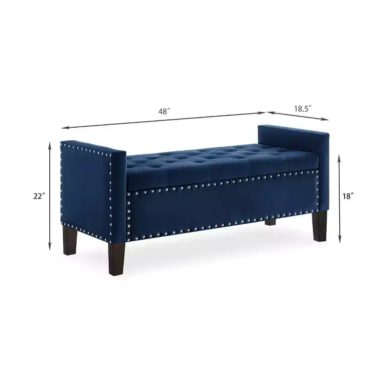 Banc de rangement capitonné avec garniture cloutée, Siège rembourré moelleux avec accoudoirs pour entrée ou salon, Bleu marine