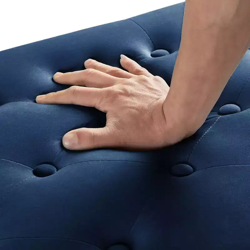 Banc de rangement capitonné avec garniture cloutée, Siège rembourré moelleux avec accoudoirs pour entrée ou salon, Bleu marine