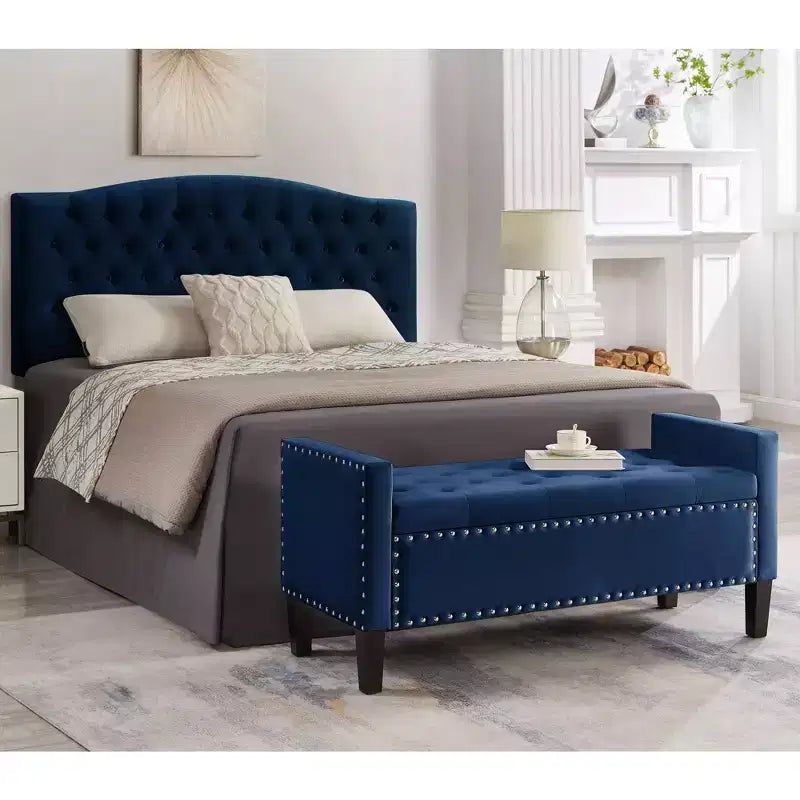 Banc de rangement capitonné avec garniture cloutée, Siège rembourré moelleux avec accoudoirs pour entrée ou salon, Bleu marine