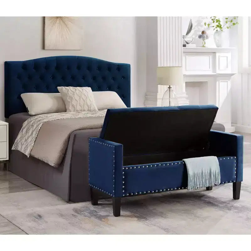 Banc de rangement capitonné avec garniture cloutée, Siège rembourré moelleux avec accoudoirs pour entrée ou salon, Bleu marine