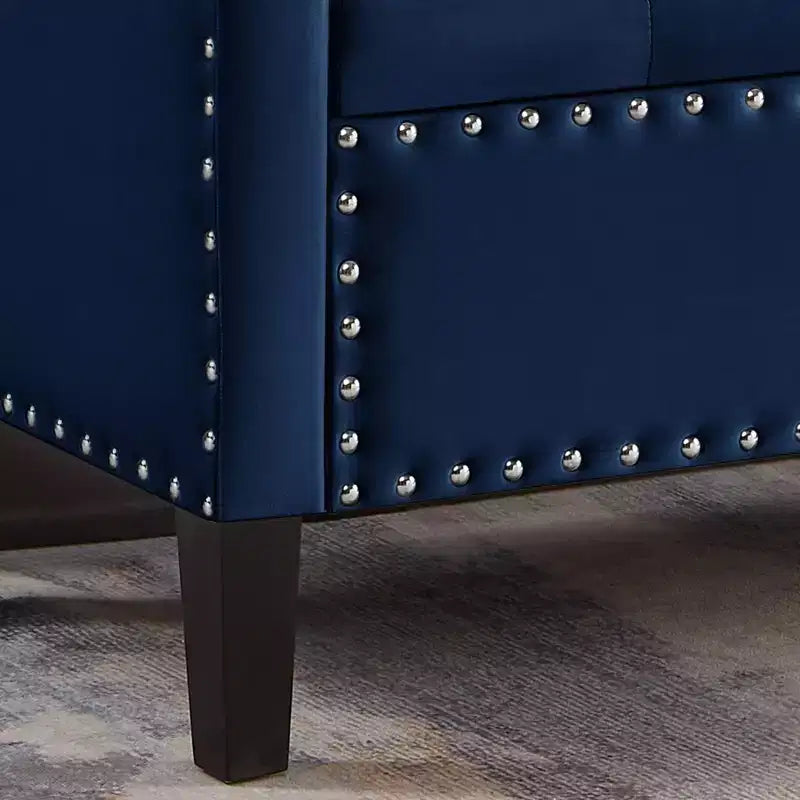 Banc de rangement capitonné avec garniture cloutée, Siège rembourré moelleux avec accoudoirs pour entrée ou salon, Bleu marine