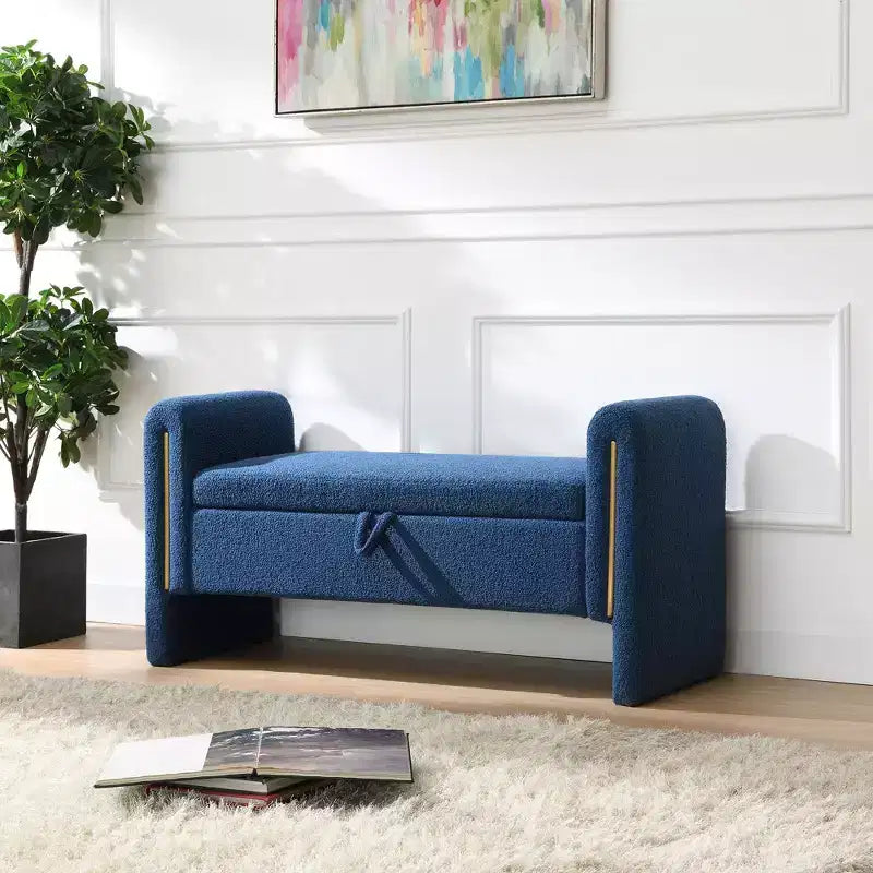 Banc de bout de lit moderne avec accoudoirs et rangement, grand repose-pieds rembourré, banc de fenêtre confortable pour le salon, bleu marine