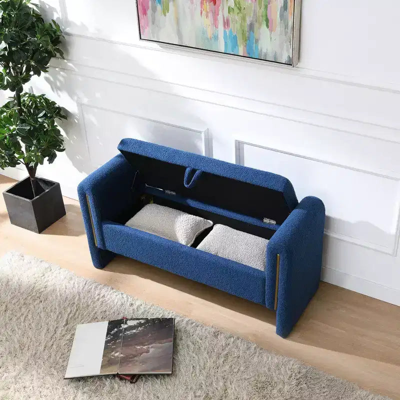 Banc de bout de lit moderne avec accoudoirs et rangement, grand repose-pieds rembourré, banc de fenêtre confortable pour le salon, bleu marine