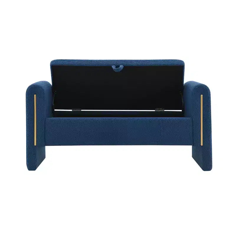 Banc de bout de lit moderne avec accoudoirs et rangement, grand repose-pieds rembourré, banc de fenêtre confortable pour le salon, bleu marine