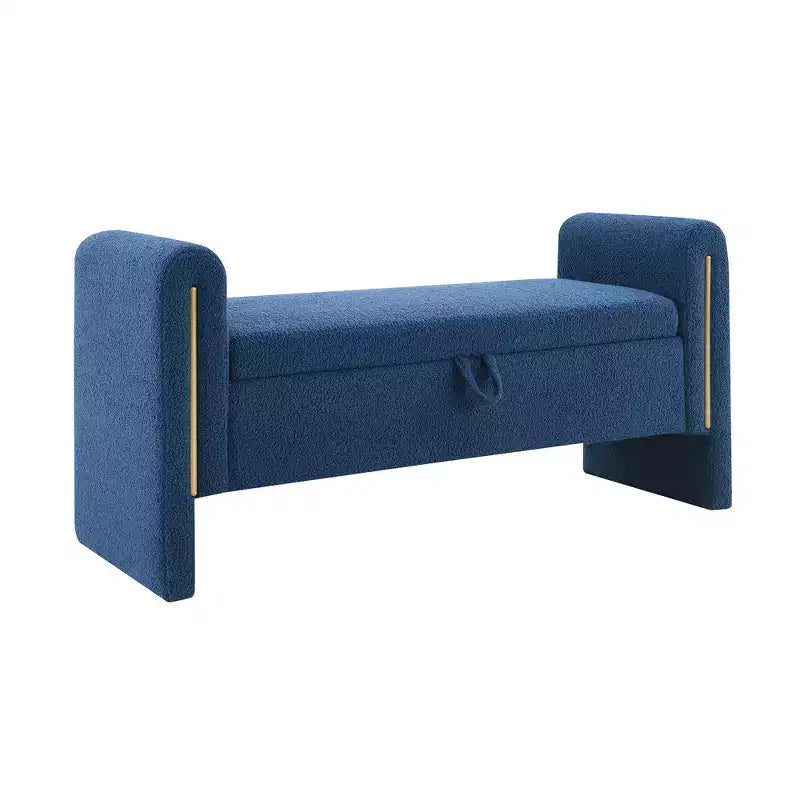 Banc de bout de lit moderne avec accoudoirs et rangement, grand repose-pieds rembourré, banc de fenêtre confortable pour le salon, bleu marine
