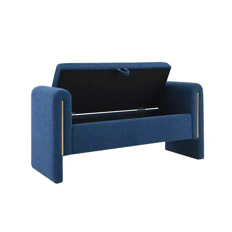 Banc de bout de lit moderne avec accoudoirs et rangement, grand repose-pieds rembourré, banc de fenêtre confortable pour le salon, bleu marine