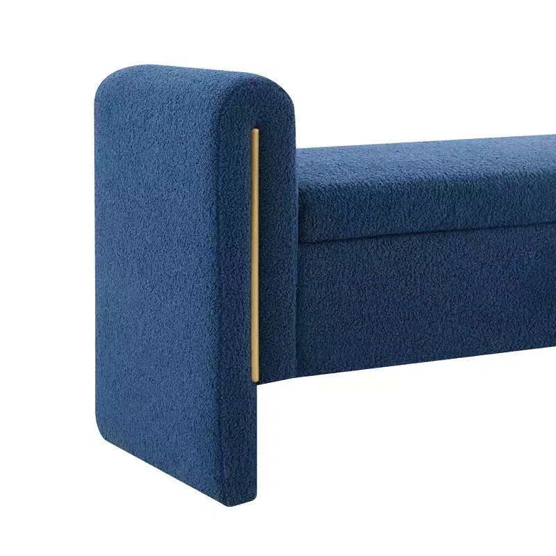 Banc de bout de lit moderne avec accoudoirs et rangement, grand repose-pieds rembourré, banc de fenêtre confortable pour le salon, bleu marine