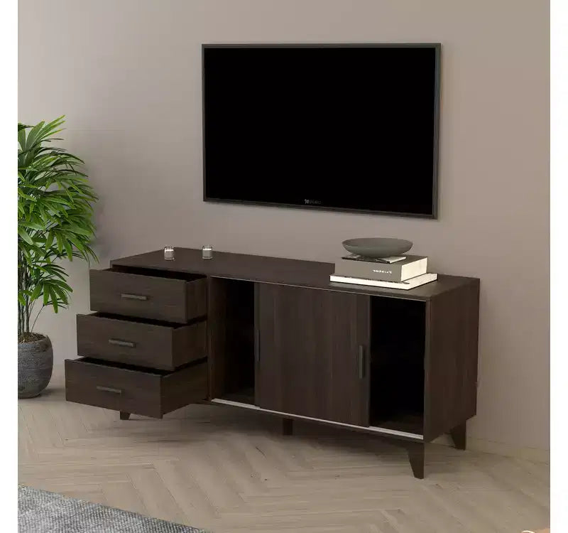HomeStock Parker TV Stand with Sliding Doors and Drawers in Dark Brown