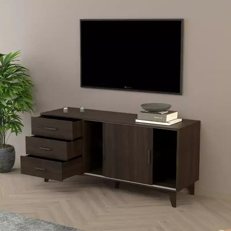 Meuble TV avec portes coulissantes et tiroirs en marron foncé