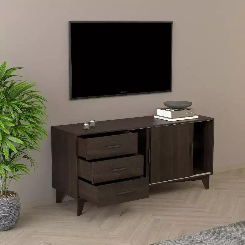 Meuble TV avec portes coulissantes et tiroirs en marron foncé