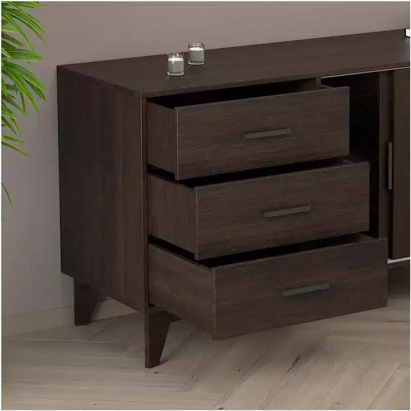 Meuble TV avec portes coulissantes et tiroirs en marron foncé