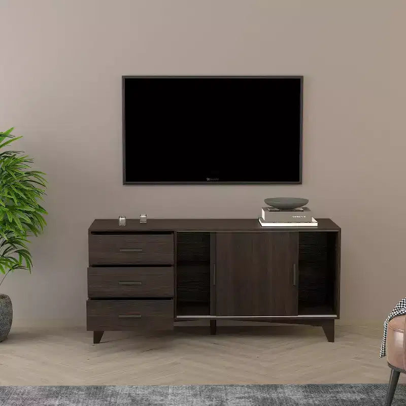 Meuble TV avec portes coulissantes et tiroirs en marron foncé