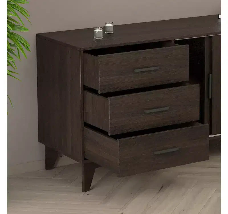 Meuble TV avec portes coulissantes et tiroirs en marron foncé