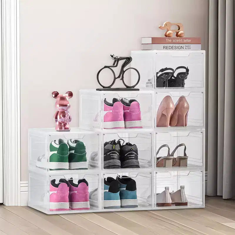 Boîtes de rangement pour chaussures, Boîtes de rangement empilables transparentes avec porte magnétique, Convient jusqu'à la taille US 13, Blanc transparent