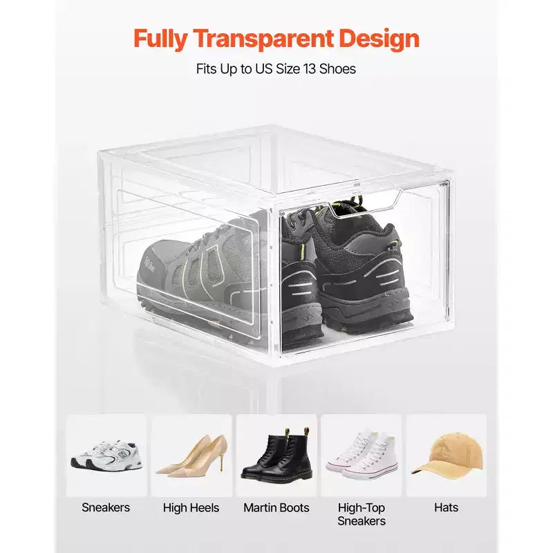 Boîtes de rangement pour chaussures, Boîtes de rangement empilables transparentes avec porte magnétique, Convient jusqu'à la taille US 13, Blanc transparent