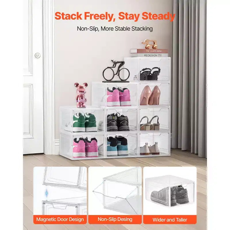 Boîtes de rangement pour chaussures, Boîtes de rangement empilables transparentes avec porte magnétique, Convient jusqu'à la taille US 13, Blanc transparent