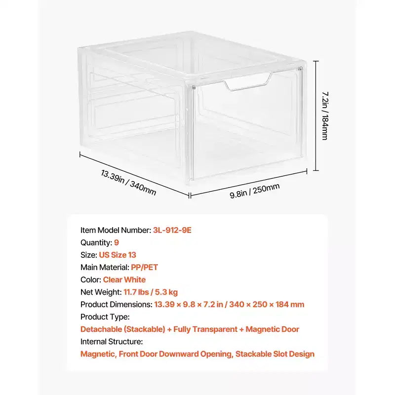 Boîtes de rangement pour chaussures, Boîtes de rangement empilables transparentes avec porte magnétique, Convient jusqu'à la taille US 13, Blanc transparent