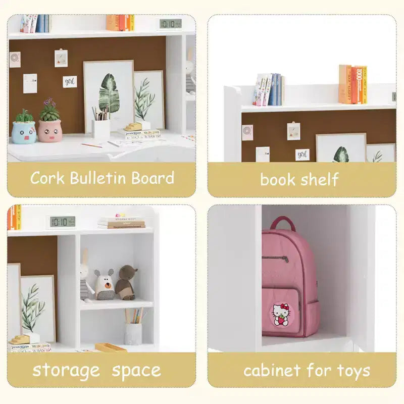 Bureau pour enfants, bureau d'étude avec armoire de rangement pour garçons et filles, poste de travail informatique pour chambre d'enfant et salle d'étude, blanc