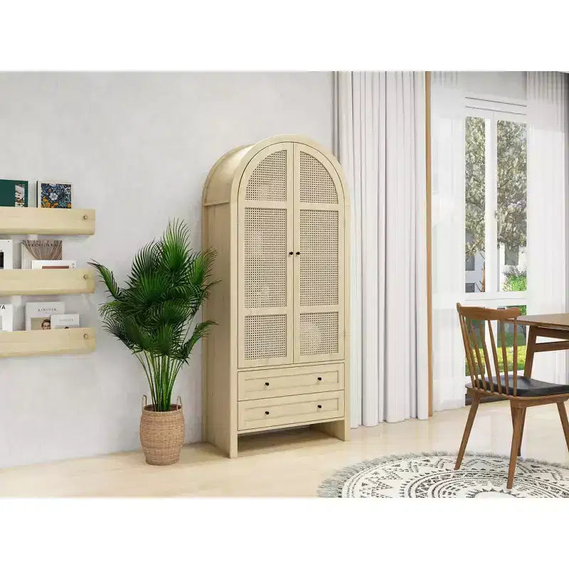 Meuble de Rangement de Cuisine avec Arc, Armoire Haute avec 2 Tiroirs et Porte en Rotin, Buffet Polyvalent pour Salon Salle à Manger, Naturel