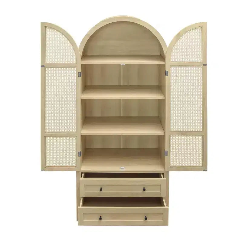 Meuble de Rangement de Cuisine avec Arc, Armoire Haute avec 2 Tiroirs et Porte en Rotin, Buffet Polyvalent pour Salon Salle à Manger, Naturel