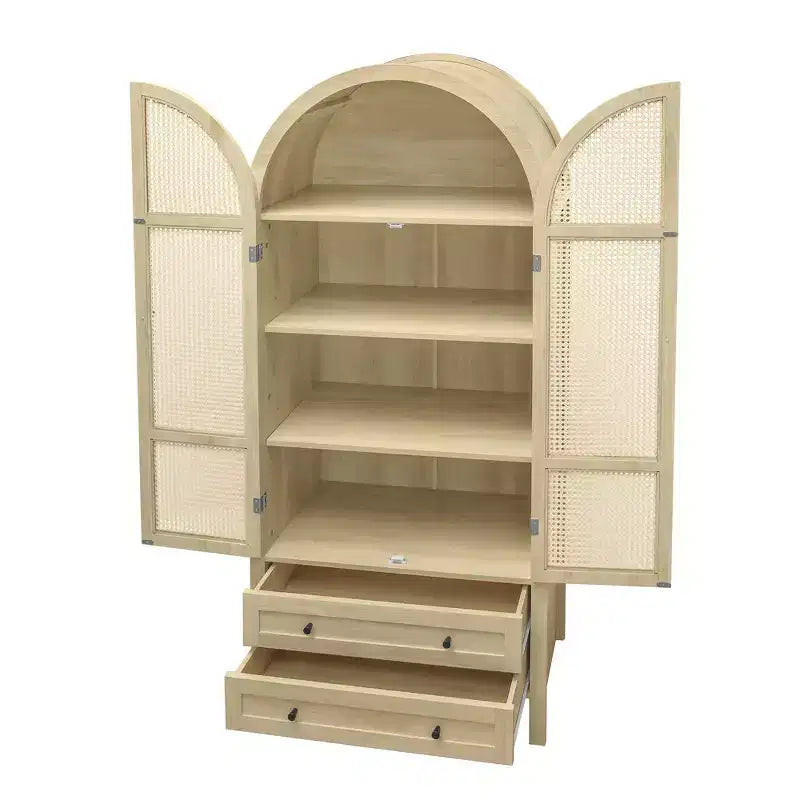 Meuble de Rangement de Cuisine avec Arc, Armoire Haute avec 2 Tiroirs et Porte en Rotin, Buffet Polyvalent pour Salon Salle à Manger, Naturel