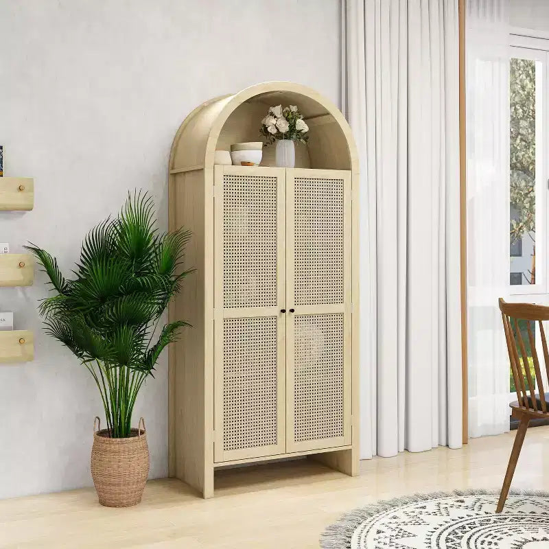 Meuble de Rangement de Cuisine avec Arc, Armoire Haute avec 2 Tiroirs et Porte en Rotin, Buffet Polyvalent pour Salon Salle à Manger, Naturel