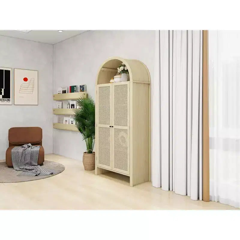 Meuble de Rangement de Cuisine avec Arc, Armoire Haute avec 2 Tiroirs et Porte en Rotin, Buffet Polyvalent pour Salon Salle à Manger, Naturel